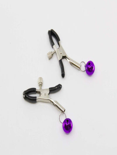 Love In Leather Nipple Clamps with Bells Purple