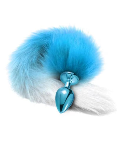 Metal Foxtail Small Anal PLug Teal/White 1