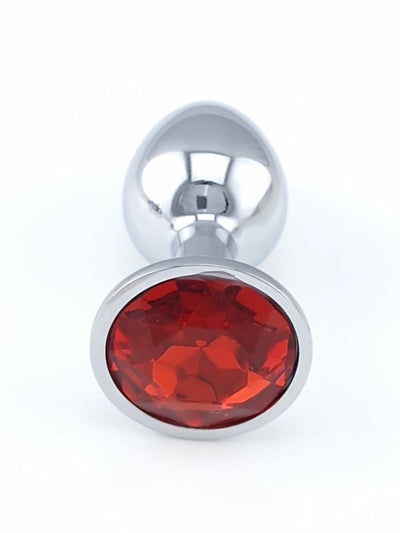 Steel Anal Plug Silver Red Gem Small