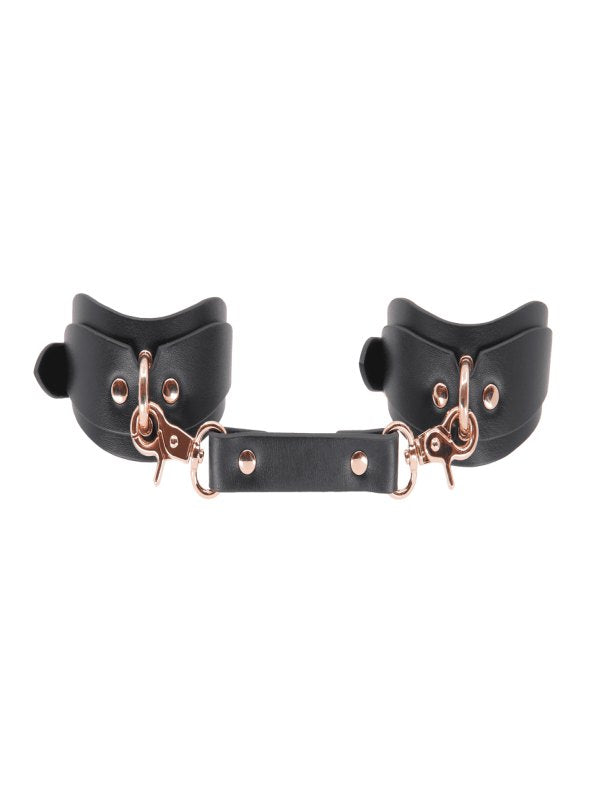 Love In Leather Shaped Hand Cuffs Black/Rose Gold - Passionzone Adult Store