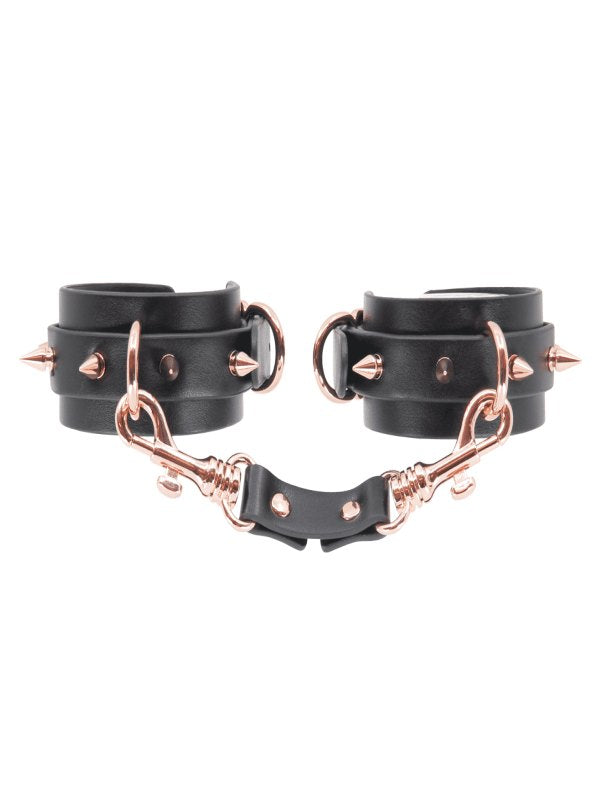 Love In Leather Spiky Hand Cuffs Black/Rose Gold - Passionzone Adult Store