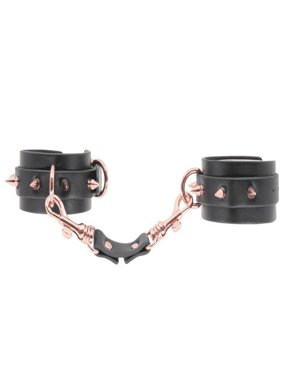 Love In Leather Spiky Hand Cuffs Black/Rose Gold - Passionzone Adult Store