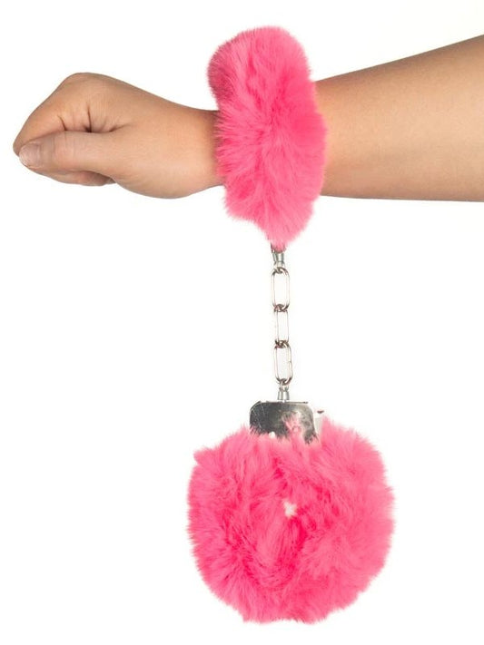 Poison Rose Fluffy Metal Hand Cuffs Hot Pink - Passionzone Adult Store